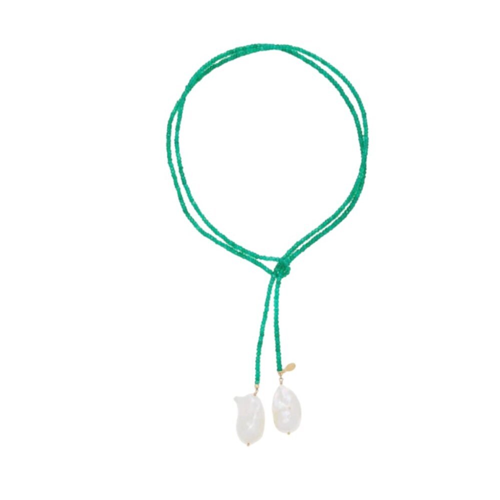 Joie DiGiovanni Lariat Gold Filled Onyx Pearl Necklace Womens Green White Beaded